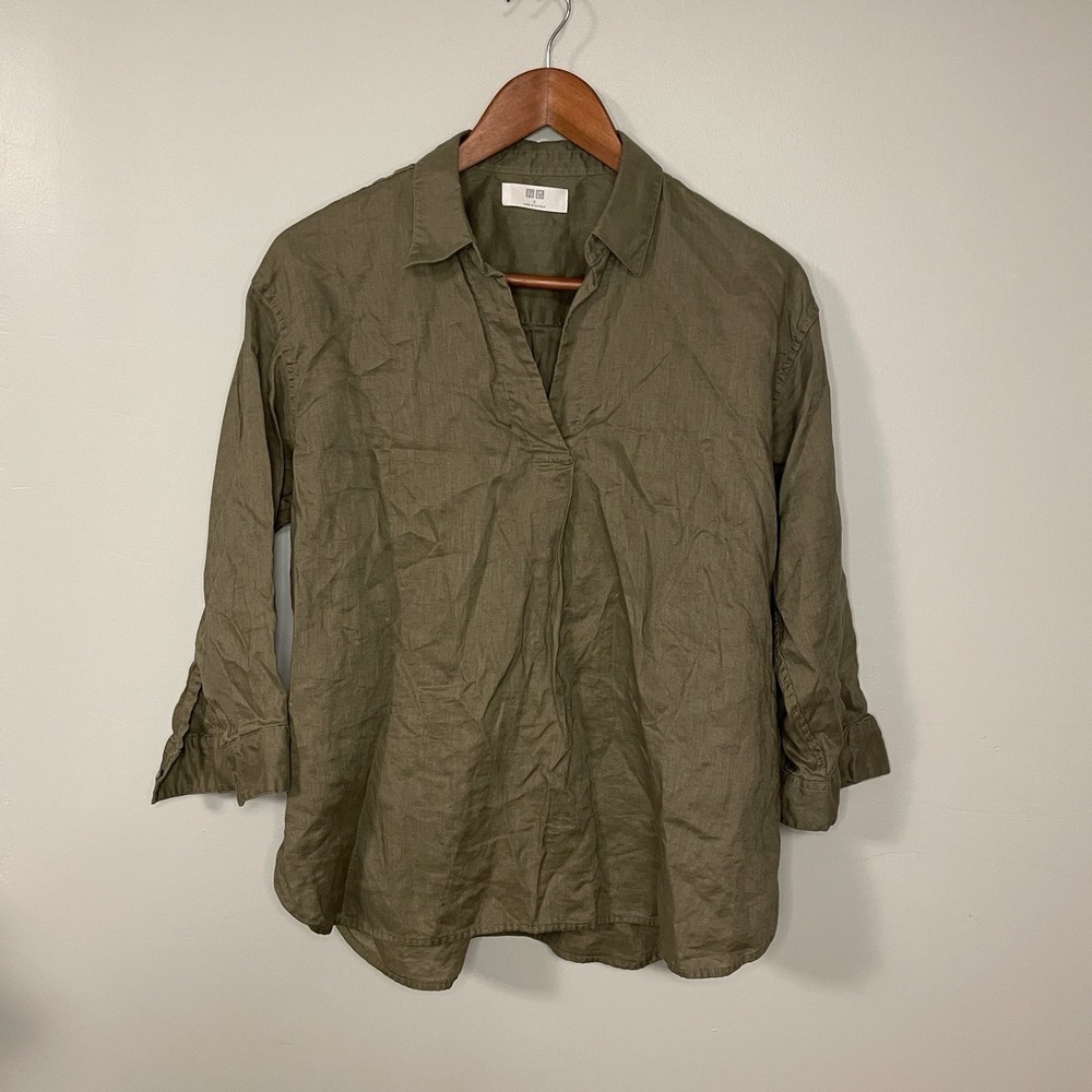 UNIQLO 100% Linen Shirt S Relaxed Olive Green 3/4 Sleeve Collared Top V-Neck
